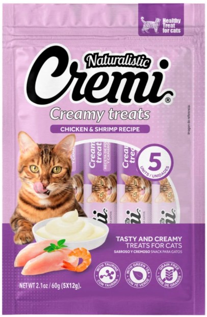 Snack para Gatos Naturalistic Cremi Pollo y Camaron (5 Unidades de 60gr)